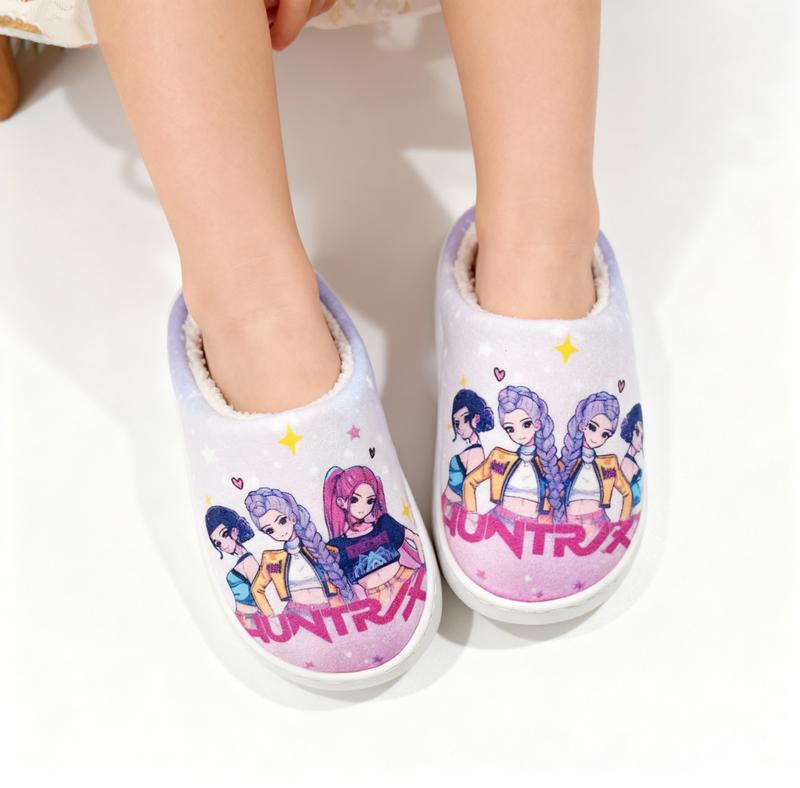 KPOP Demon Hunter Role Printed Slippers,  Unisex-Child Casual Flannel Warm Slippers Easy Slip Kids Slipper for Boys Girls Comfortable Winter House Shoes for Indoor Outdoor(Little Kid/Big Kid)