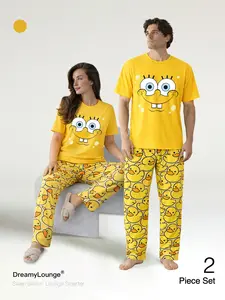 Classic Cartoon 「2-Piece Set」 Duck Print, Comfortable Breathable Short Sleeve Long Pants, Ideal for Daily Wear at Home or Outdoors, Sleepwear