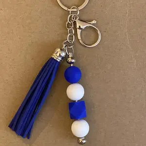Tasseled Keychain, Dark Blue Tassel, Dark Blue and White Beads