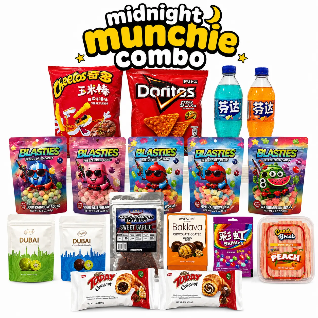Midnight Munchie Combo - Cheetos Doritos Blasties Baklava Skittles Peach Snacks & Beverages