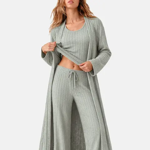 VRcomfy Women's 3 Piece Loungewear Set Knit Long-Sleeve Cardigan Cropped Top Loungewear Set