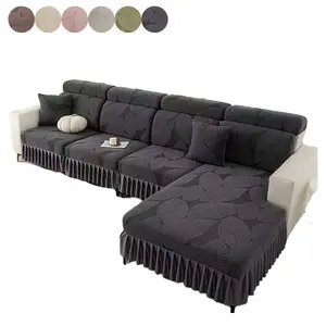 Deep Gray Leaf Pattern All-Inclusive Elastic Sofa Cover, Universal Non-Slip & Cat-Scratch Resistant, Suitable for L-Shaped Sectional Sofa, with Skirt Design, Available in Multiple Colors