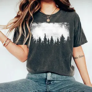 Women's Vintage Nature Pine Forest Silhouette Graphic T-Shirt 【100% cotton】 Soft Washed Cotton Crew Neck Outdoor Wilderness Aesthetic Relaxed Fit Breathable Casual Top for Hiking Camping Everyday Streetwear