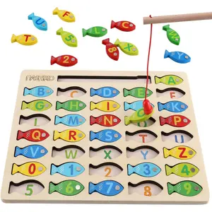 &Magnetic Wooden Fishing Game Toy for Toddlers, Alphabet Fish Catching Counting Games Puzzle with Numbers and Letters, Preschool Learning ABC Math Educational Toys 3 4 5 Years Old Girl Boy Kids
