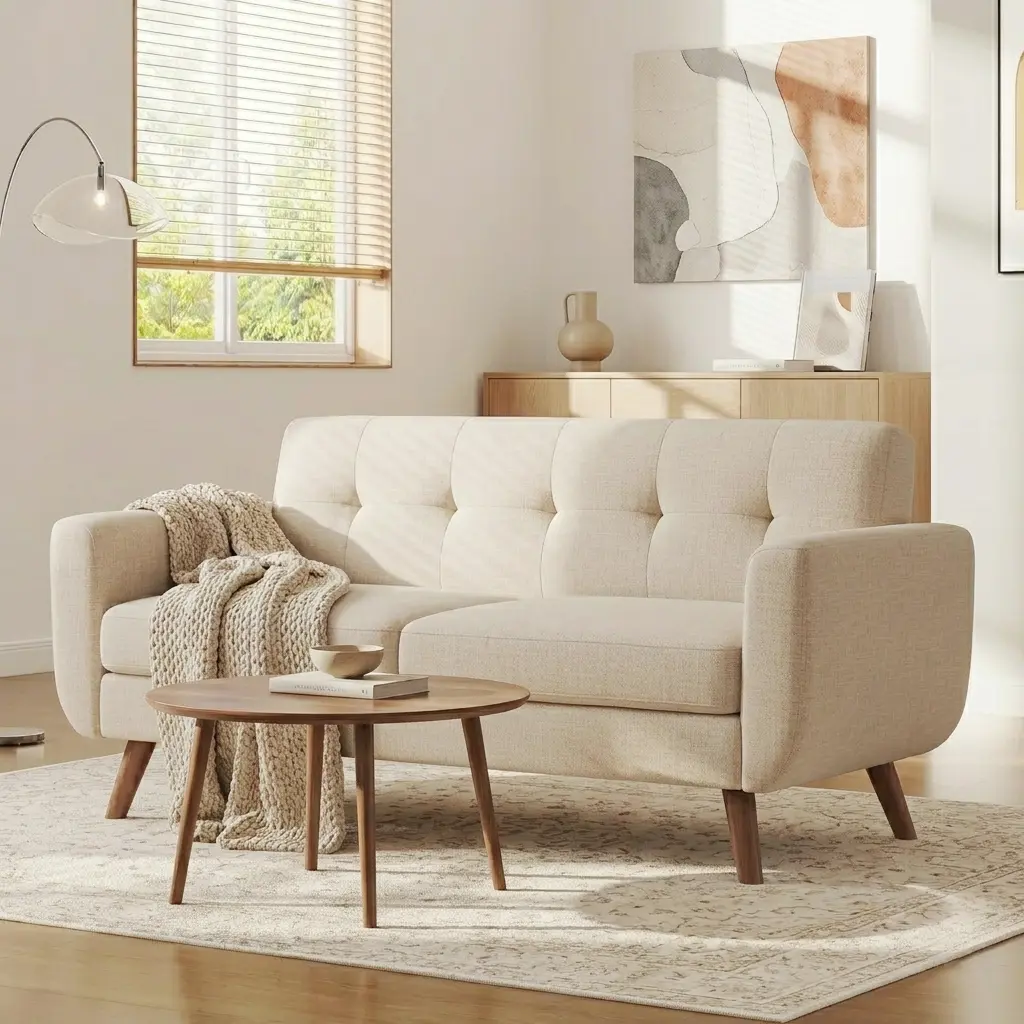 Tbfit 77.2" Linen Loveseat Couch - Mid-Century Modern Compact Sturdy Living Room Sofa, Button Tufted, Solid Wood Legs, Pocket Spring Cushion, Easy Assembly, Clean Look, Lofts Dorm Essentials Home Decor, Tiktokshopstockup