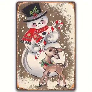 2D Flat, Vintage Snowman & Reindeer Metal Wall Decor - Heavy-Duty Iron Holiday Sign with Top Hat, Candy Cane, No Electricity Needed - Christmas Decoration for Home, Cafe, Garden, Bar - Indoor/Outdoor Decoration - Easy Hang with Pre-Drilled