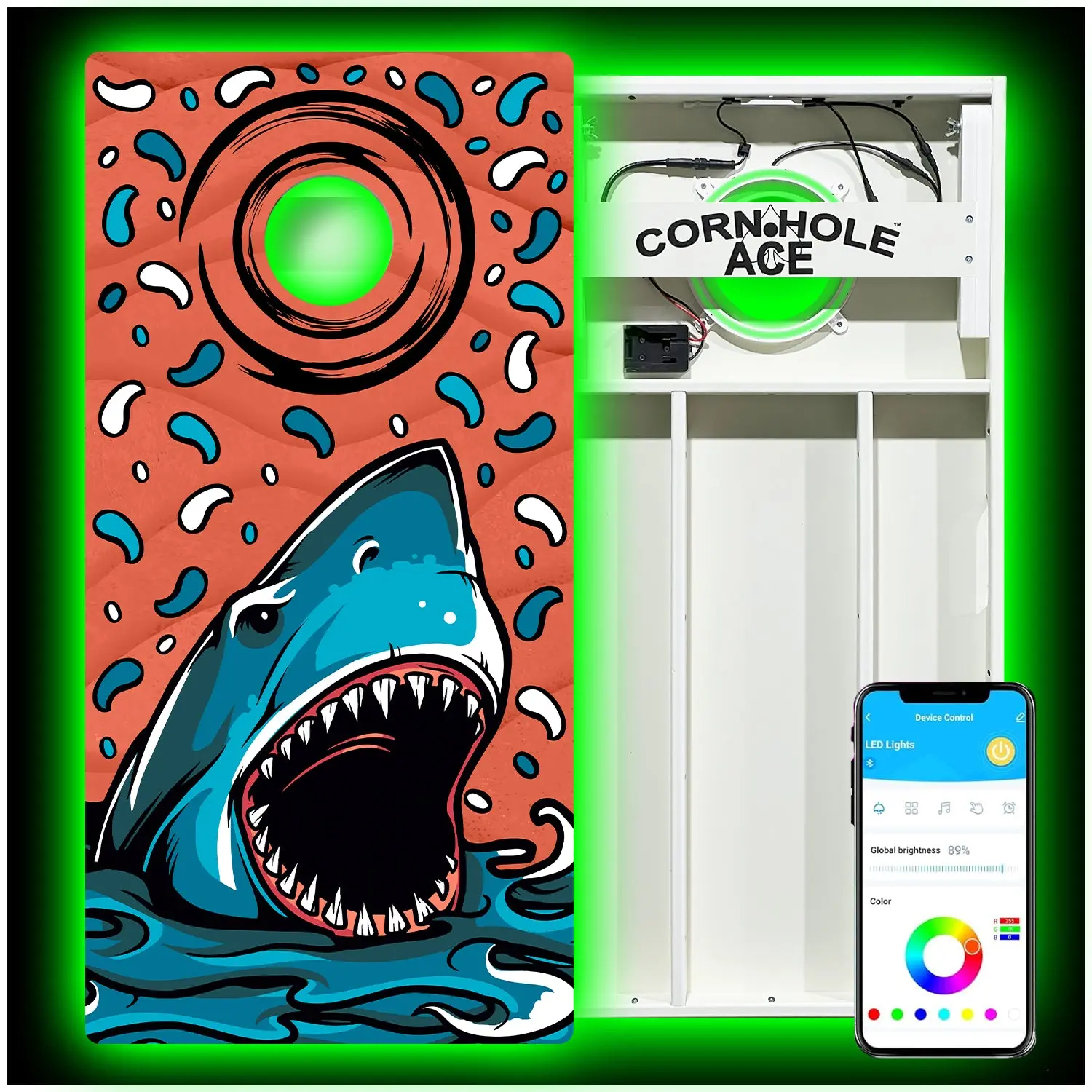 ACE Beach Shark Cornhole Board Set | All Weather with Pro Light Kit