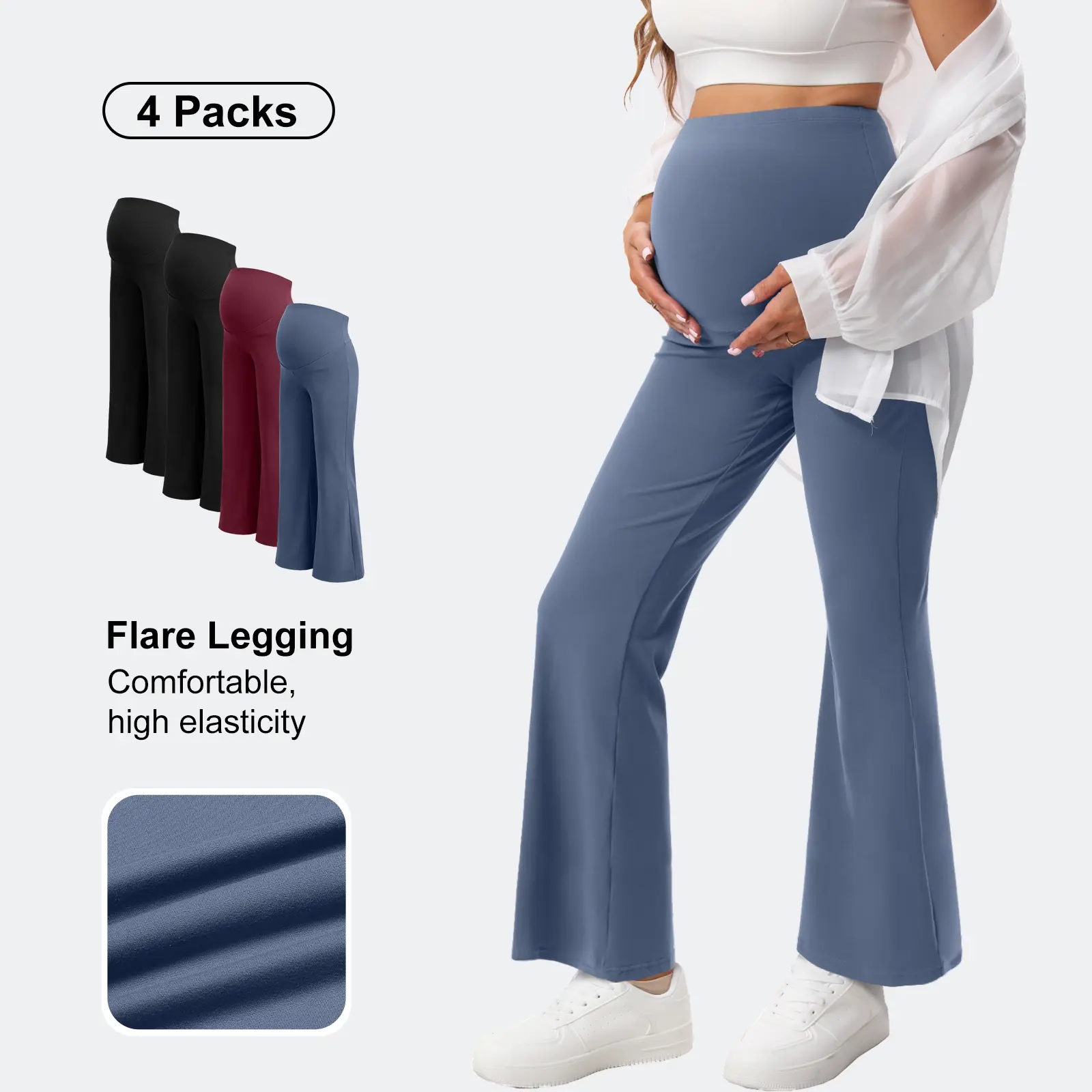 Women's 4-Pack Maternity Flare Leggings - Maternity Clothing, Extremely Soft, Gentle Compression, Super High Rise, U-Shaped Belly Panel, Yoga, Pregnancy & Postpartum Wear