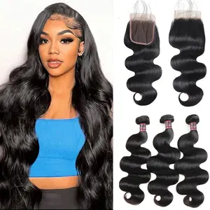 Body Wave 3 Bundles With Closure 4x4 Inch Human Hair Weave Bundles With Closure Hair Extension TikTokShopBlackFriday