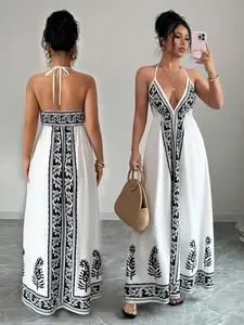 Fashion Position Print Dress, Boho Style Bohemian Spaghetti Strap Sleeveless Loose-Fitting Dress, All Seasons Women's Clothing, Casual Wear