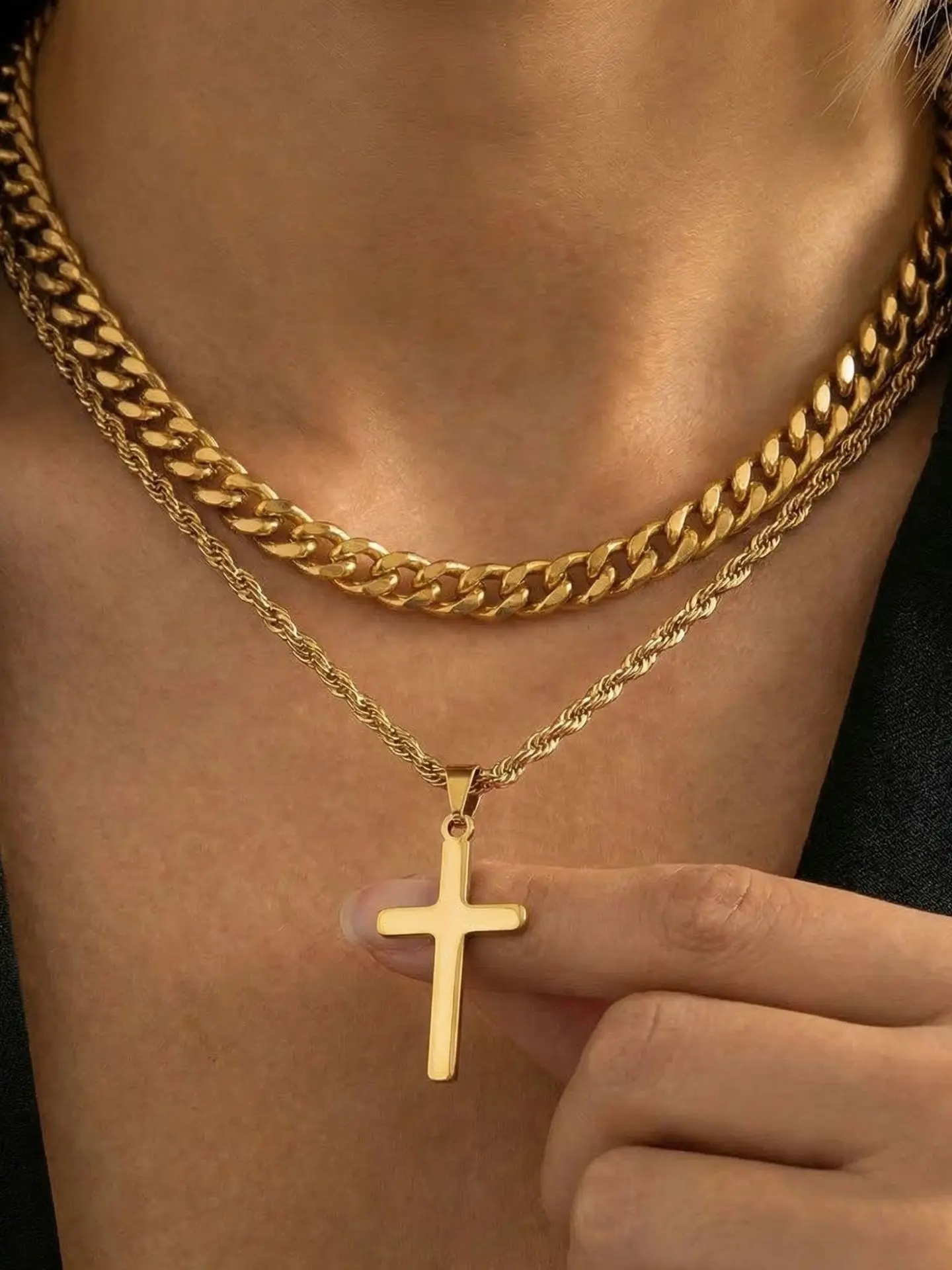 Minimalist 18k Gold Titanium Steel Cross Pendant Cuban Chain Layered Necklace, Layering Chain Necklace, Casual Style Necklaces, Unisex, Perfect for Vacation & Daily Wear, Ideal Gift Choice