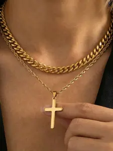 Minimalist 18k Gold Titanium Steel Cross Pendant Cuban Chain Layered Necklace, Unisex, Perfect for Vacation & Daily Wear, Ideal Gift Choice