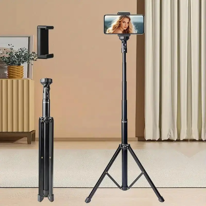 61.8 Inch Aluminum Phone Tripod Stand, Selfie Stick, Travel Tripod, Selfie Accessories with 360 Degree Rotation, Extendable & Adjustable for Video Blogging Recording Photography, Phone Accessory Compatible with All Phones