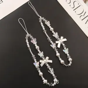 Ins Style Short Phone Lanyard Creative Bowknot White Imitation Pearl Chain Accessories Bag Decoration CCD Lanyard Jewel Cellphone Smartphone