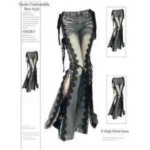 Low Rise Split Bootcut Pants Women Spring Eyelets Lace Up Flare Jeans Retro Stitch Slim Bell Bottoms Streetwear  Womenswear Check Trouser Denim BlackGift (Comes with every order)