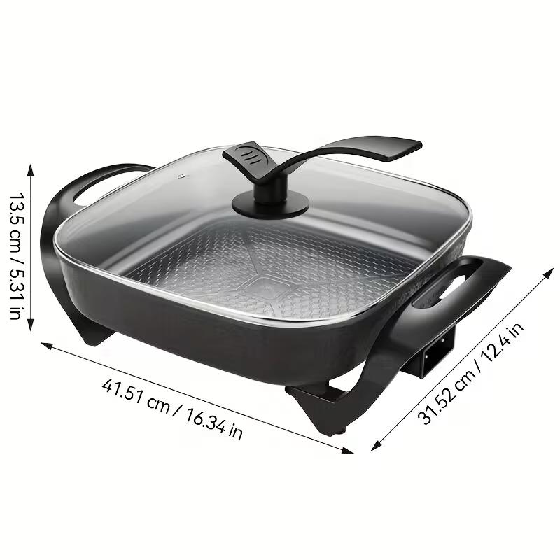 TANLOOK Electric Skillet with Lid, 16"x12"x 5" Scratch Resistant, Easy Pour Spout Dishwasher Safe, Non-stick Electric Skillet with Glass Vented Lid, Adjustable Temperature, Black