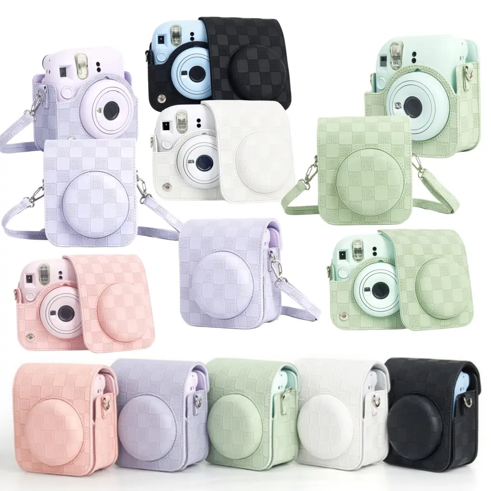 Plaid PU Leather Protective Camera Bag for Fujifilm Instax Mini 12 Instant Camera, Mold-Opening Retro Case with Adjustable and Detachable Shoulder Strap for Comprehensive Protection, Hollow Button