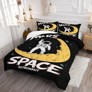 Space Theme Printed Comforter Set, One Comforter and 1/2 Coreless Pillowcase, Yellow Moon + White Space Suit Astronaut, Stylish Warm Bedroom Bedding