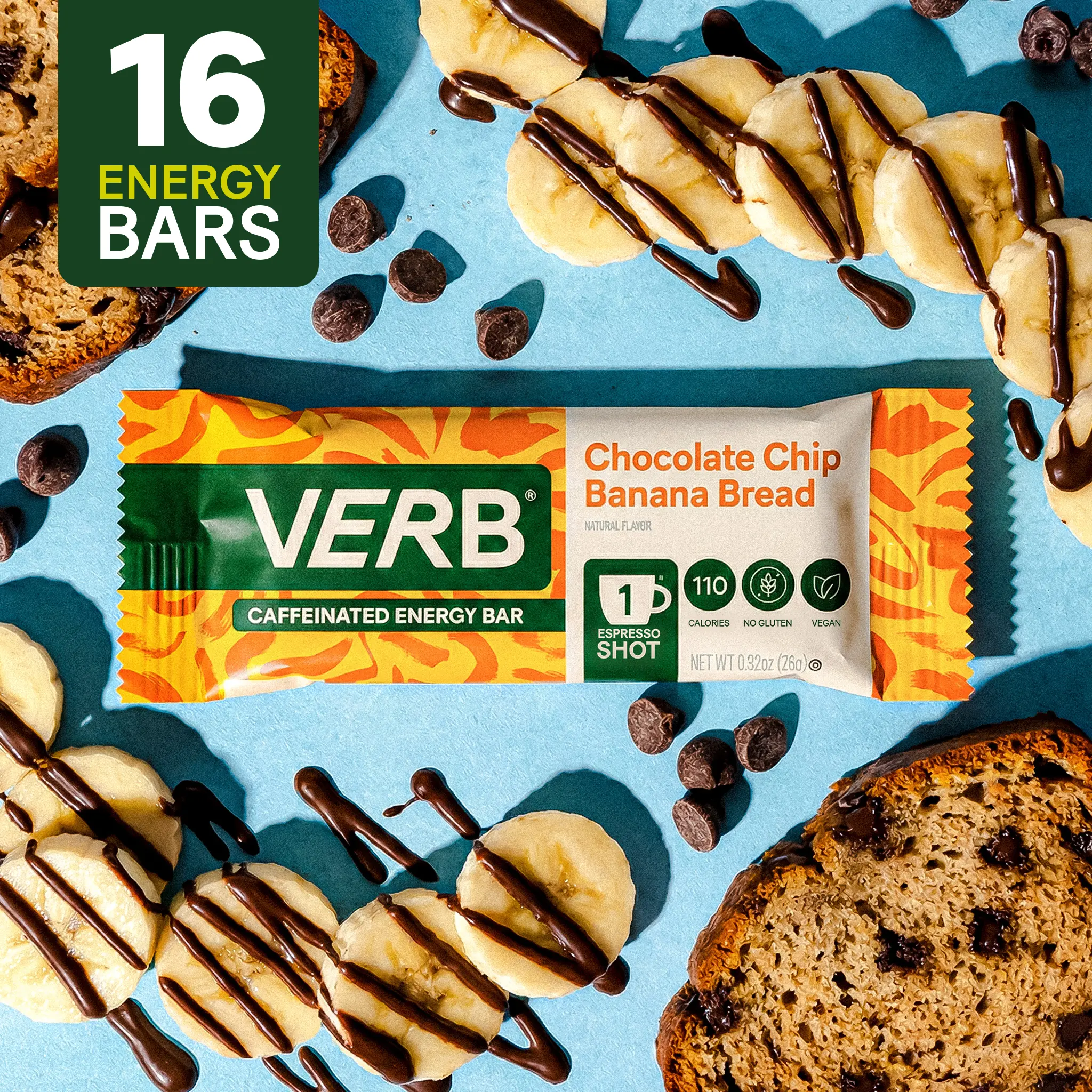 Chocolate Chip Banana Bread Energy Bars – 16 Pack (26g Each) Vegan Caffeine Snack Caffeinated