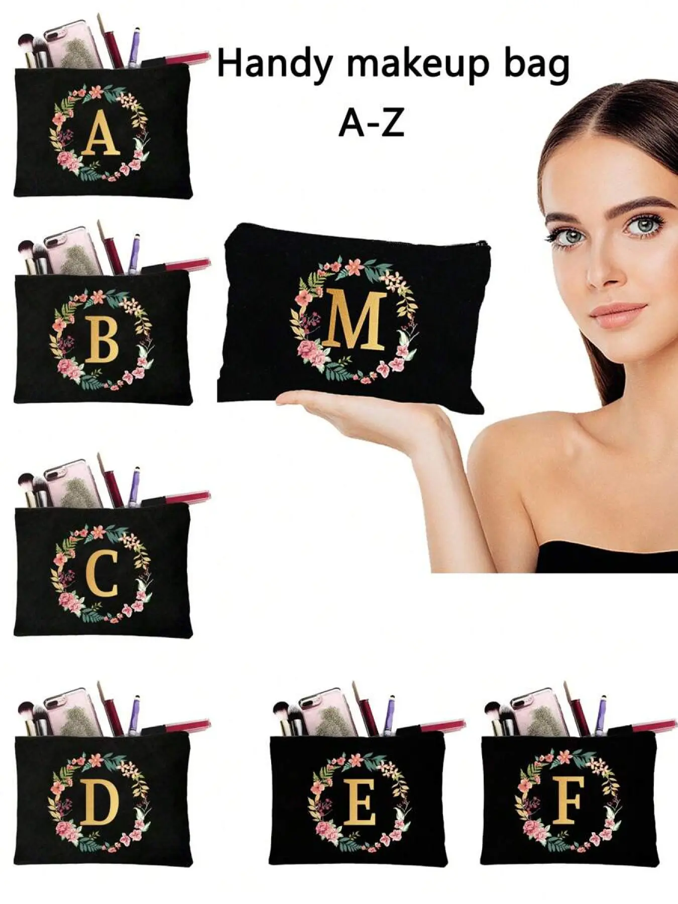 1pc Letter A-Z Flower Print Makeup Bag, Cosmetic Bag Lady Makeup Bags Wallet Name Initials Letter Pattern Toiletry Organizer Pouch Wedding Party Wash Bag Makeup Travel Toiletry Organizer Essentials Gifts Storage Zipper Accessories Nail Bag Room Decors, Ma
