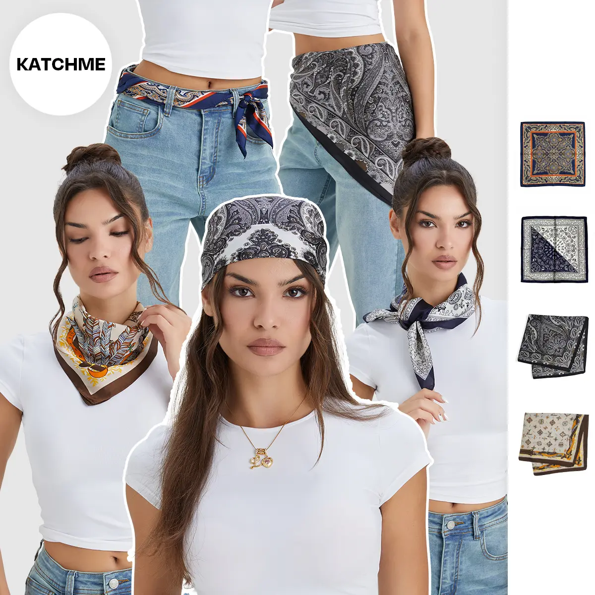 KatchMe Women's Versatile Satin Square Scarf, Basic Allover Print Silk Like Soft Neck Scarf, Chic Color-Matching Lightweight Silk Scarves for Lady
