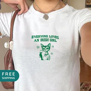 [Sale Up To 50%] Everyone Loves an Irish Girl Y2K Baby Tee, St Patrick's Day Cat Shirts Trendy Women's T-Shirt 90s Aesthetic Streetwear Gift for Her