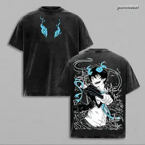 Rin Okumura Blue Exorcist Vintage Washed T-Shirt, Oversized Blue Flames Demon Anime Tee, Retro Sword Graphic Heavy Cotton Streetwear Top