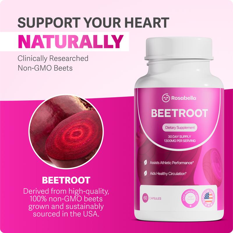 3 Pack of Rosabella Organic Beetroot Capsules (1300mg) for Blood Flow & Heart Health