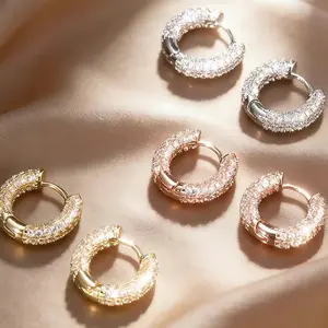 Classic Micro Paved Cubic Zircon Hoop Earrings for Men Women, 3-Tone Gold Silver Rose Gold Shiny Huggie Ear Accessory, Hip Hop Daily Wear Jewelry Gift for Birthday Wedding Graduation