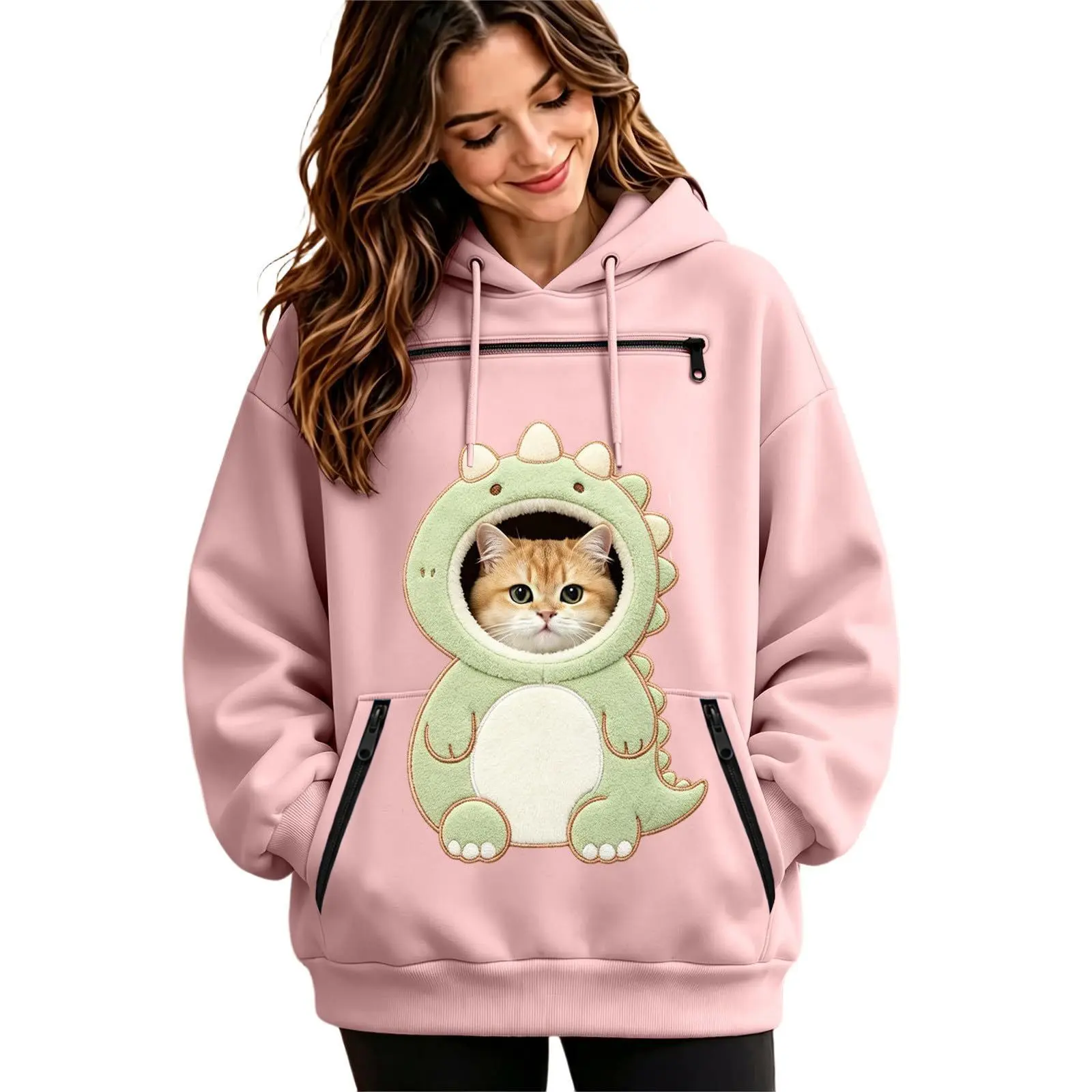Men's Cute Dinosaur Plush Furry Pet Pouch Hoodie - Kangaroo Carrier Sweatshirt with Zipper Pocket, Cutout, Comfortable Fleece for Cats Small Dogs, Everyday Casual Loungewear