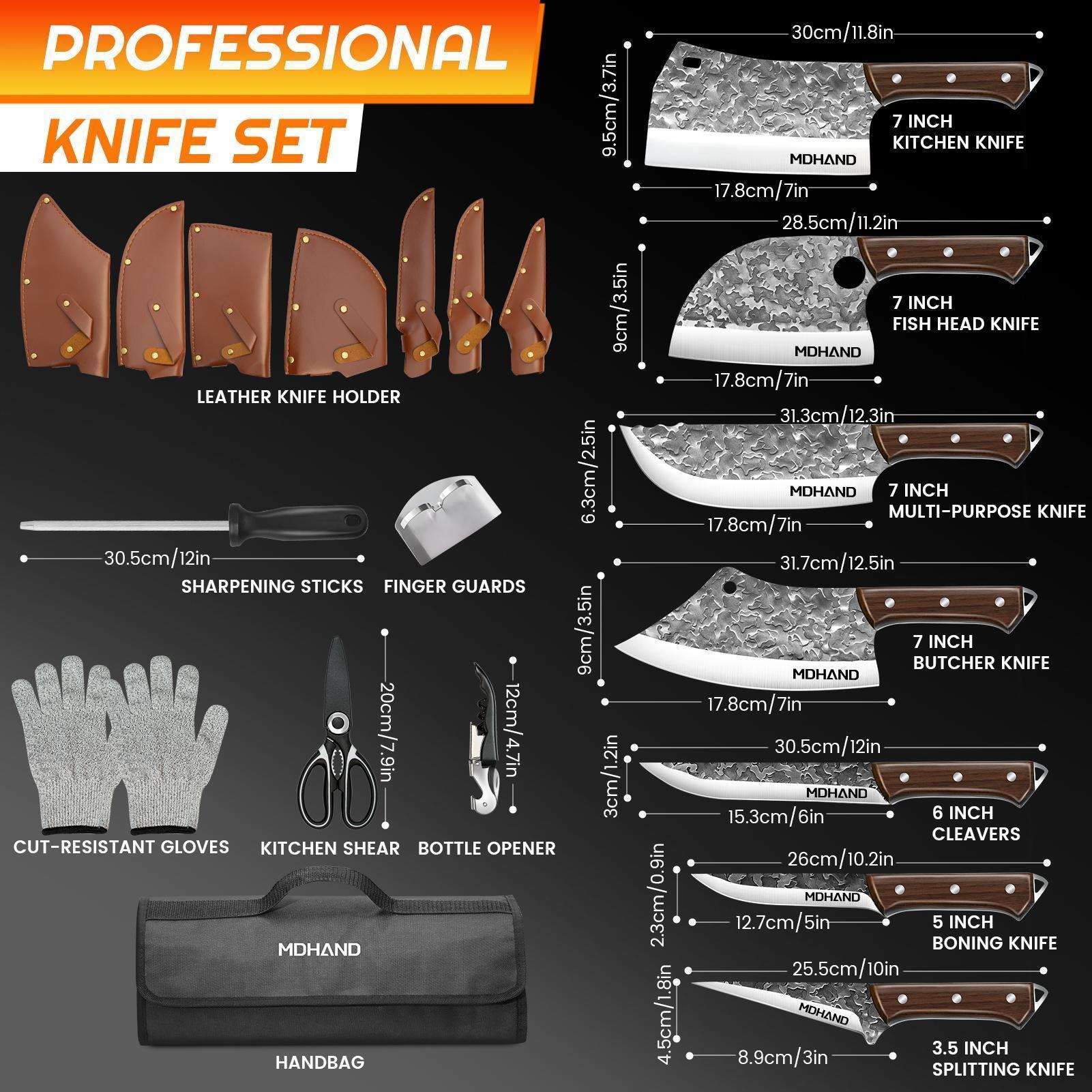 MDHAND Kitchen Knife Set, 14PCS Butcher Cleaver Knife Set High Carbon Steel for Meat Cutting Serbian Chef Knife Viking Boning Cleaver with Sheaths for Kitchen Outdoor BBQ Camping