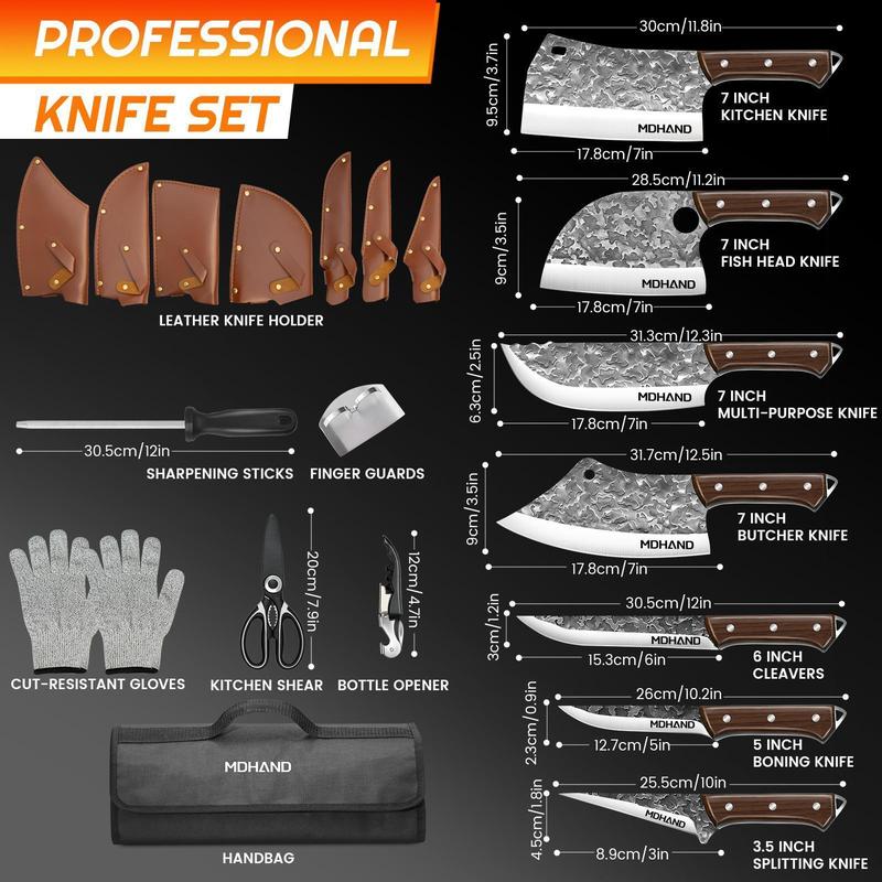 MDHAND Kitchen Knife Set, 14PCS Butcher Cleaver Knife Set High Carbon Steel for Meat Cutting Serbian Chef Knife Viking Boning Cleaver with Sheaths for Kitchen Outdoor BBQ Camping MDHAND Kitchen Knife Set, 14PCS Butcher Cleaver Knife Set High Carbon Steel for Meat Cutting Serbian Chef Knife Viking Boning Cleaver with Sheaths for Kitchen Outdoor BBQ Camping