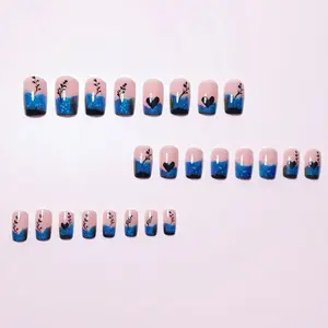 French Tip Blue Ombre Love Heart Nails 24Pcs Reusable Wearable Nail Tips
