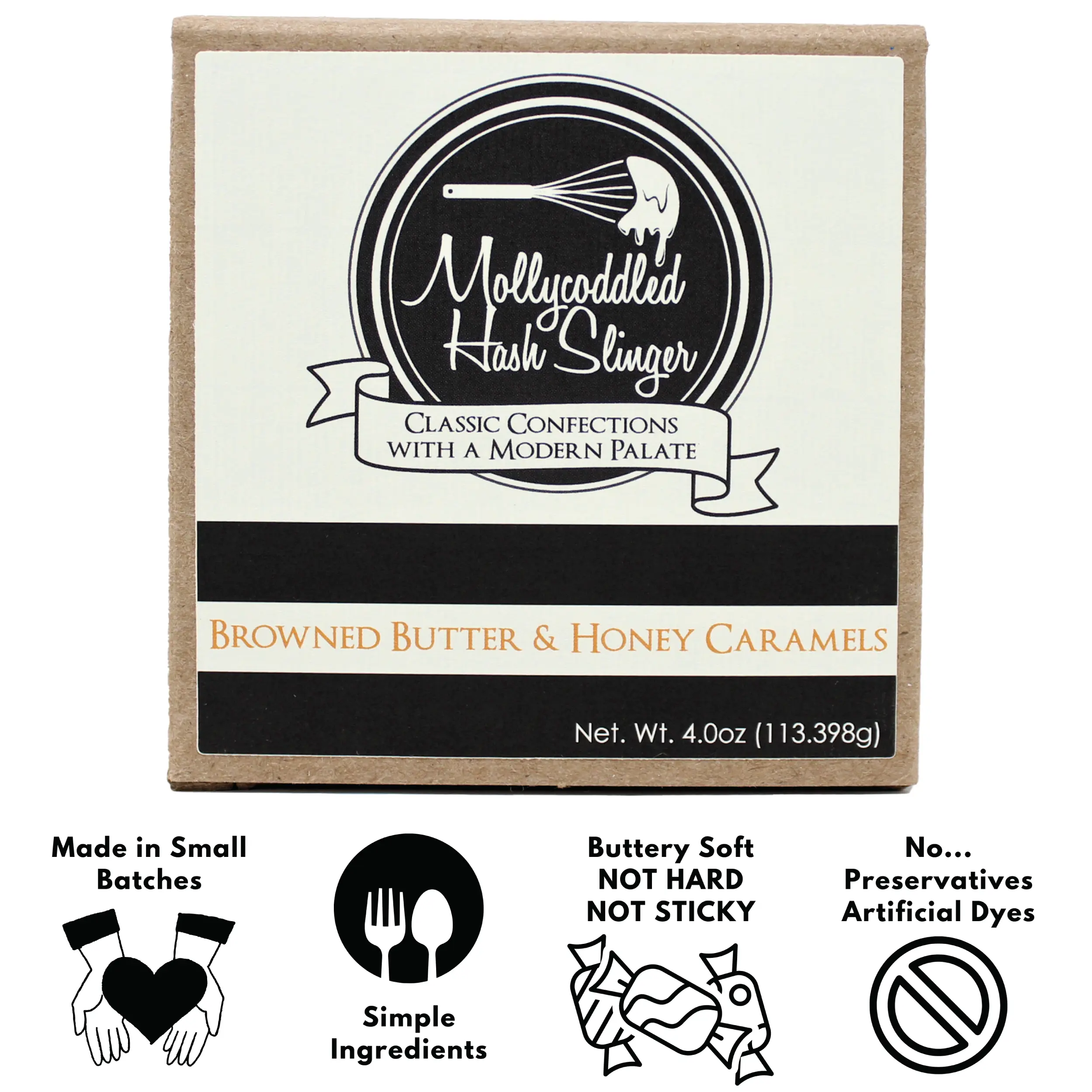 Mollycoddled Hash Slinger - Browned Butter Honey Caramels - 4oz box - Handmade Soft Caramels - Individually Wrapped Candy - Candy Gifts - Gluten Friendly Candy - Dye Free Candy - Sweets - Small Batch - Preservative Free Food - Snack retro candy