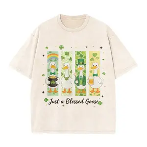 Vintage Washed Beige Cute Streetwear T-Shirt with "Just a Blessed Goose" Quote & St. Patrick's Duck Print, Oversized Shamrock Festival Aesthetic Unisex Tee