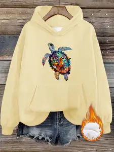 Women's Casual Colorful Turtle Print Hoodie, 100% Polyester Fleece Thick Warm Pullover, Drawstring, Fall & Winter