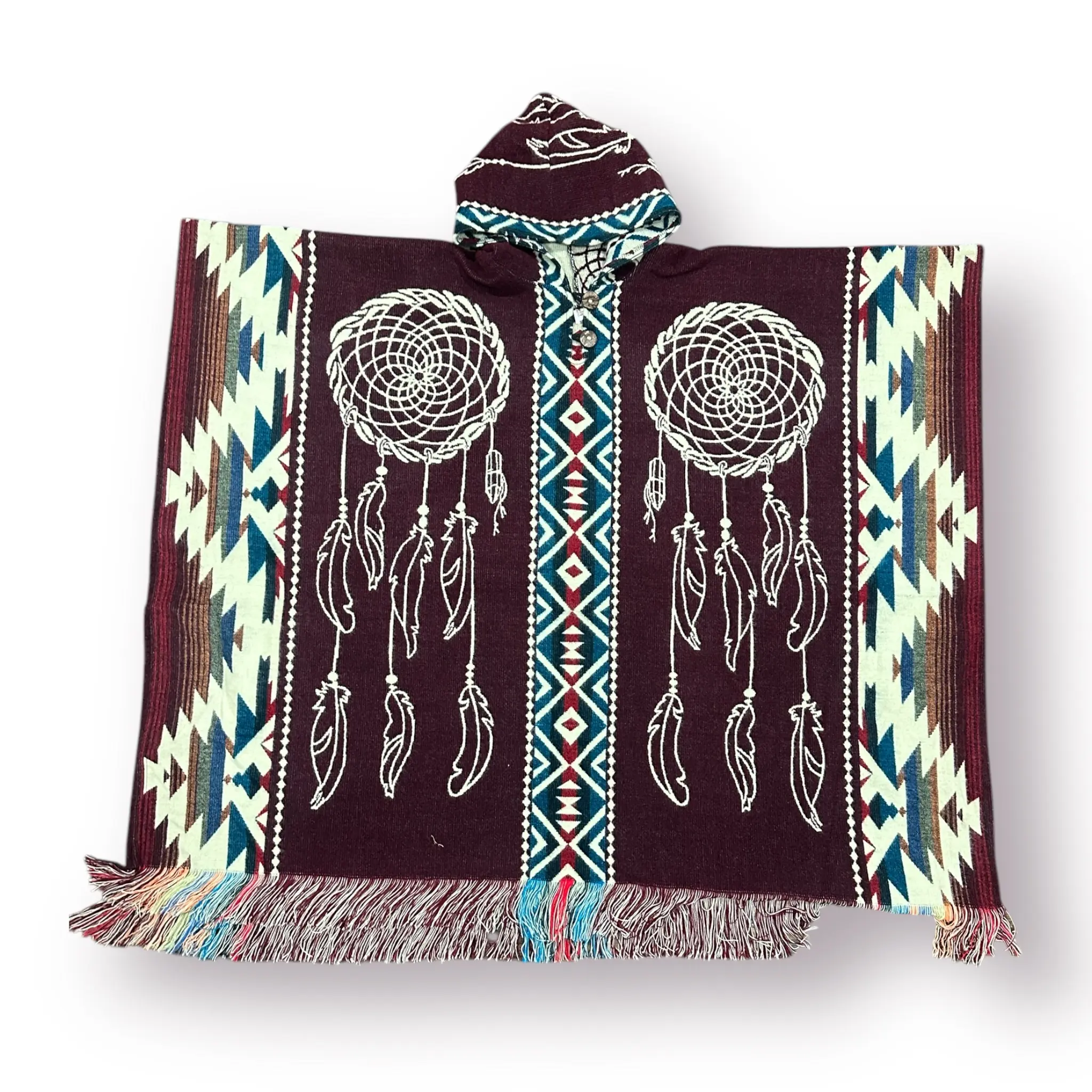 Alpaca Wool Poncho “Dream Catchers” - Warm and Soft, Burgundy color