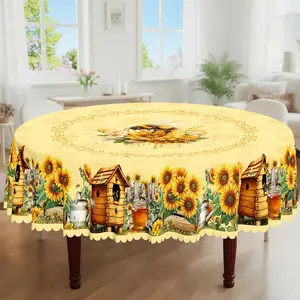 1pc, Spring Summer Themed Party Tablecloth, Bee Daisy Sunflower Floral Printed Design, Rectangular/Round/Oval Table Cloth, Rectangle Tablecloth, Embossed Edges, Suitable For Picnic Dinner Kitchen Dining Room Decoration
