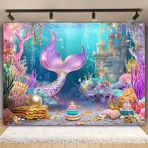 1pc Mermaid Tail Photography Backdrop - Underwater Ocean Theme Party Decor with Purple Mermaid Tail, Coral Reef, Castle - Large 228.6x177.8 cm Fabric Banner for Wedding, Birthday, Mermaid Party - No Electricity Ornaments
