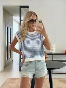 Women's Striped Round Neck Hollow Out Knit Top, Casual Loose Fit Summer Spring Fashion, Elegant Versatile Sweater Vest