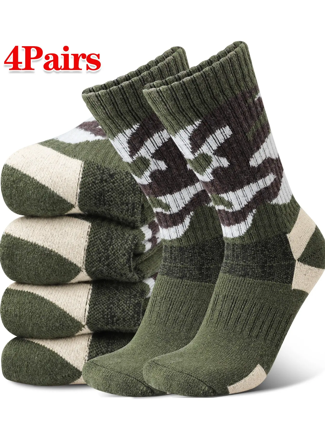 4 Pairs Wool Outdoor Sports Warm Crew Athletic Socks for Men, Knitted Camouflage Fuzzy Hiking Socks, Fall & Winter Essential, Calf High Stripes