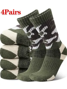 4 Pairs Wool Outdoor Sports Warm Socks for Men, Knitted Camouflage Fuzzy Hiking Socks, Fall & Winter Essential, Calf High Stripes