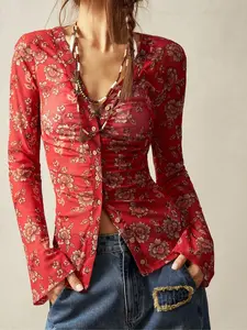 Women's Floral Print Shirt Slim Fit Vintage Style Long Sleeve Commuter Vacation Top, Unique Design Casual Fashion Blouse for Women