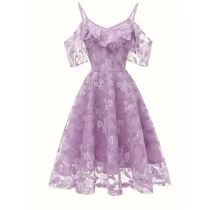 [Elegant Summer Dress]Lavender Plus Size Women's Elegant Summer Dress | Solid Lightweight Breathable Fabric,Flared Skirt & Ruffled Neckline,  Casual