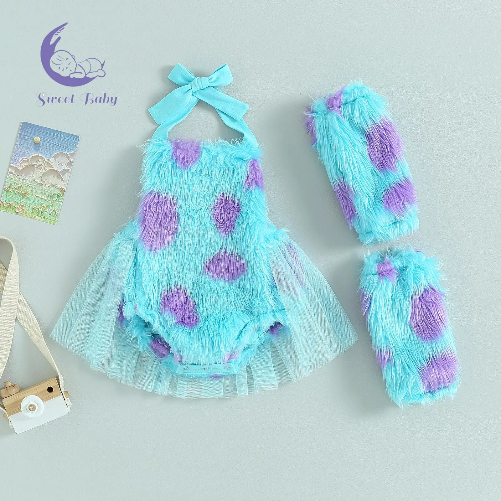 Infant Girl Rompers Sleeveless Tie-Up Halter Neck Mesh Hem Backless Print Fur Jumpsuits Baby Clothes Bodysuits with Leg Warmers