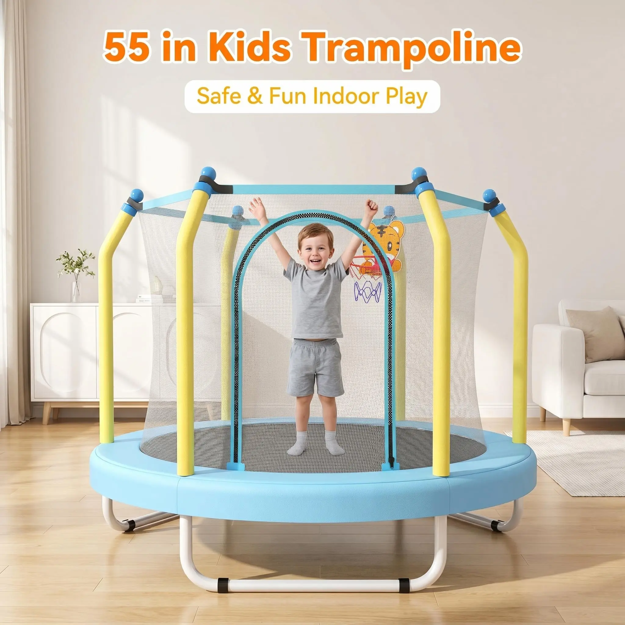 55-inch Kids Hoop Trampoline with Trampoline Mat, Basketball Hoop - Indoor & Outdoor Toddler Play Equipment, Kids' Birthday Gift, Hoop Trampolines