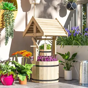 Wooden Wishing Well for Outside with Hanging Bucket 11.8 gal Planter & 1.3 gal Bucket Rustic Garden Decor with Drain Hole for Patio Backyard