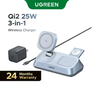 UGREEN 25W Qi2 Certified 3-in-1 Magflow Wireless Charging Stand, Magsafe Fast Wireless Charger for iPhone 17/16/15/14/13/12, AirPods and Apple Watch, Desk Stand with Adjustable Angle,（No battery）,TikTokShopSpringGlowUp,Greenish