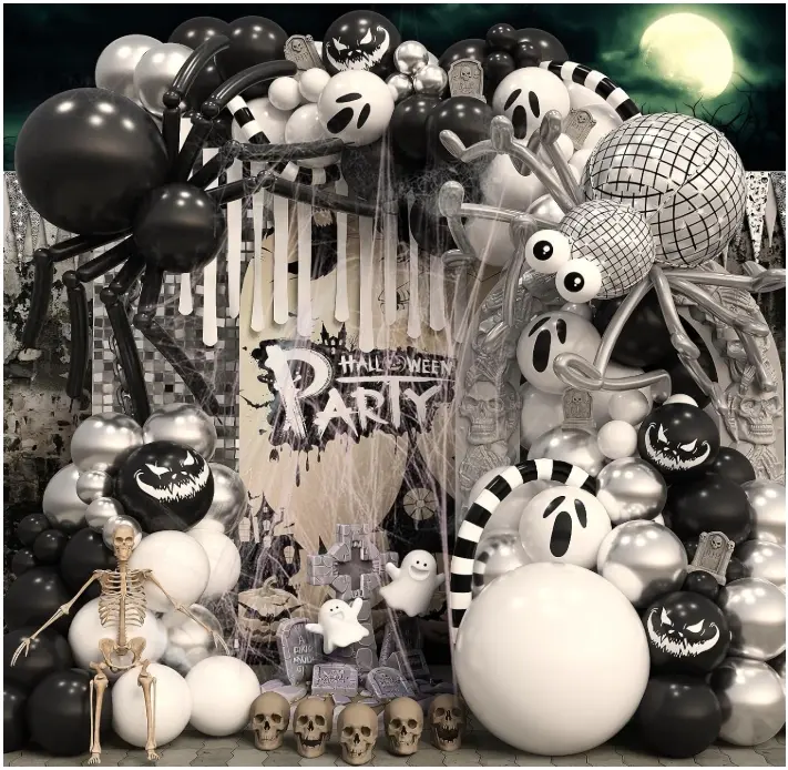 Halloween Balloon Arch with DIY Spider, 125PCS Black Silver White Halloween Decorations with Disco Ball Foil Balloon as Big Spider Cobwebs Scary Ghost Balloon for Party Haunted House Decor