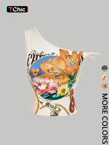 1 Spring Summer One Shoulder Floral Print Crop Top Women | Asymmetrical Backless Twisted Strap Slim Fit Cropped Tank | Y2K Retro Baddie Style for Vacation Beach Festival Daily Wear | Casual Tank Top